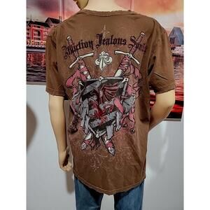 AFFLICTION Graphic Gothic "Jealous Souls" 3XL Brown Men's Shirt Short Sleeve #C